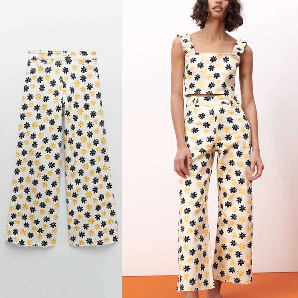 

za pants women loose high waist print summer pants fashion back patch pockets front zip feminine casual yellow trousers 210602, Black;white