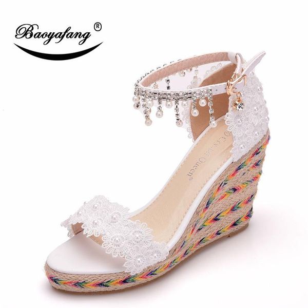 

women's summer fashion lace beaded fish mouth slope-heel sandals size white one-word buckle wedding shoe, Black
