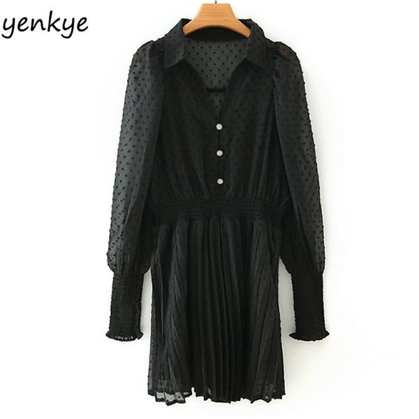 

vintage black dotted pleated dress women transparent long sleeve lapel collar casual autumn short vestido plus size 210514, Black;gray