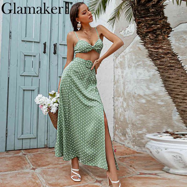 

glamaker 2 piece sets women dress tube and straight skirt sets dot printed bohemia beach dress green high split dress 210412, Black;gray