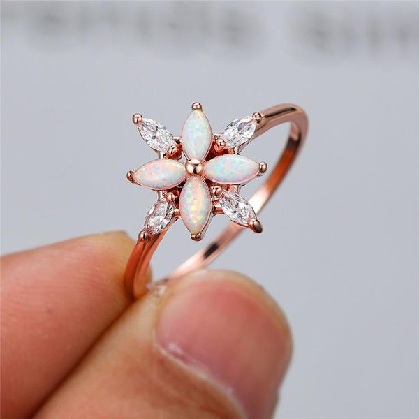 

wedding rings female luxury white leaf opal stone ring dainty crystal flower thin engagement boho rose gold color for women, Slivery;golden