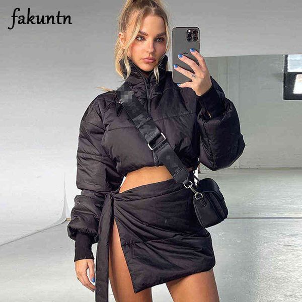 

fakuntn women's winter jacket coat and skirt sets suit with skirt two piece set jackets for women fashion parkas outfit 211119, White