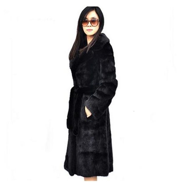 

women's wool & blends long womensslim mink fur jacket casual leather grass faux overcoats large size winter autumn coats lady jack, Black
