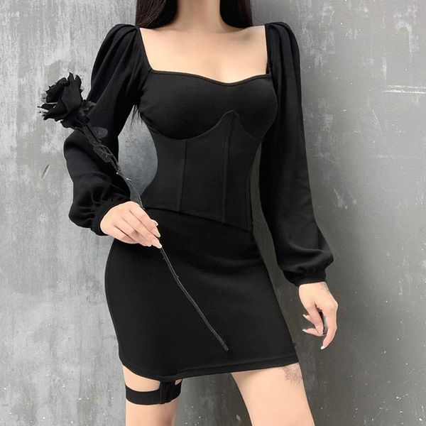 

casual dresses women vintage frock party club elegant black dress square neck autumn fashion legging puff sleeve gothic bodycon, Black;gray