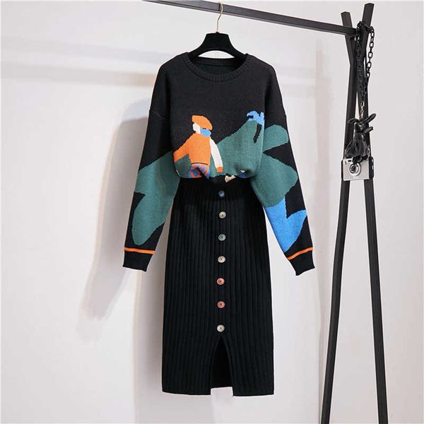 

verhellen cartoon knitted 2 piece set women autumn winter women long sleeve cat pullovers sweaters + mid-calf skirts suits 210706, White