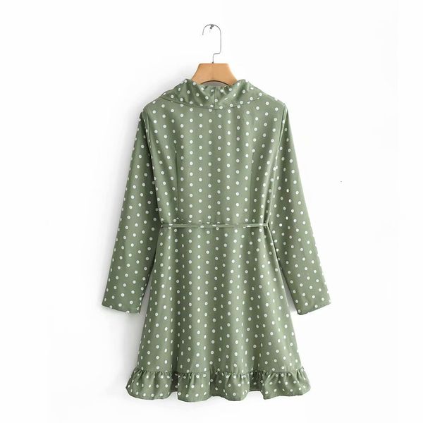 

new women vintage cross v neck green polka dot print lace up mini dress female cascading ruffles vestidos party dresses ds2608 200928, Black;gray