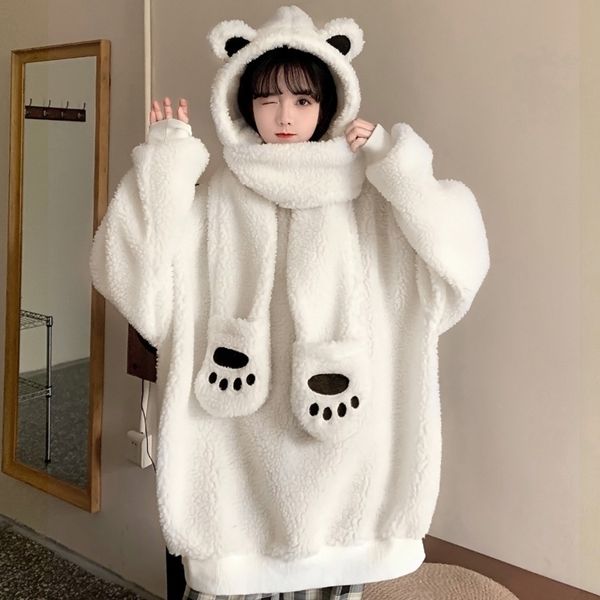 

2021 autumn and winter new style lamb cashmere coat bear gloves ears hooded scarf integrated detachable women's sweater, Black