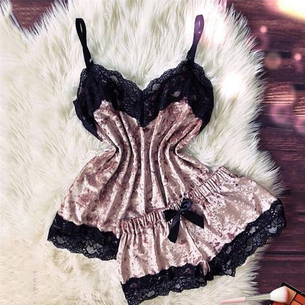 

lingerie set velvet women sleepwear pajama temptation babydoll nightwear cute cami and shorts pijama mujer e, Black;red