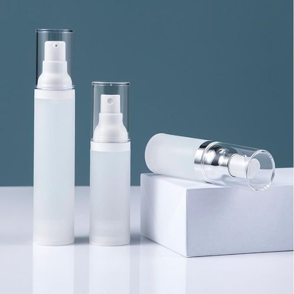 

15 30 50ml airless pump frosted bottle. refillable travel otion containers vaccum fine mist spray bottle plastic cosmetic dispen