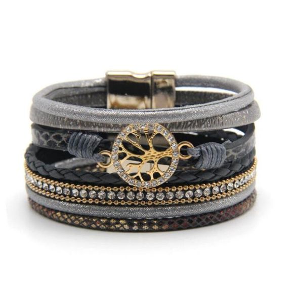 

tennis 7 colors leather bracelets for women 2021 fashion tree of life ladies bohemian multilayer wide wrap bracelet female jewelry, Golden;silver
