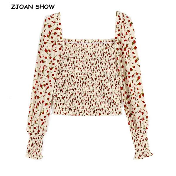 

women's blouses & shirts 2021 vintage beige flower rose print crop shirt women square neck elastic ruched body slim fit blous, White