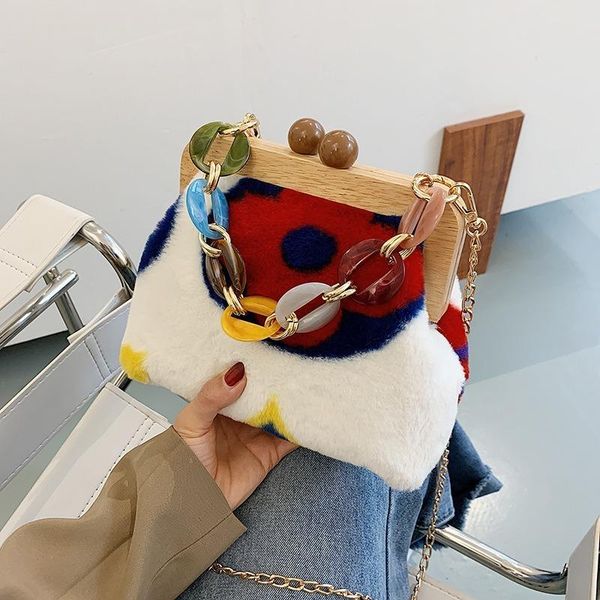 

evening bags winter plush wood clip letter print women handbags designer acrylic chain shoulder crossbody for dumplings clutch