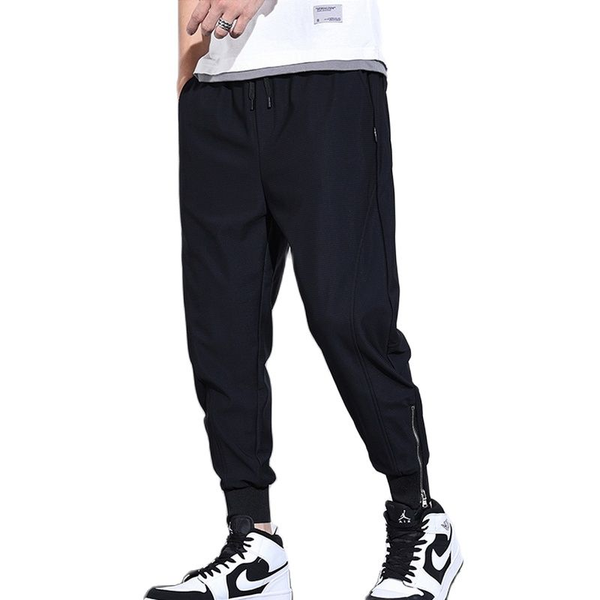

men's pants summer ice silk trousers, slim the body and small feet trend, micro elastic three-dimensional tailoring, 9 points trousers, Black