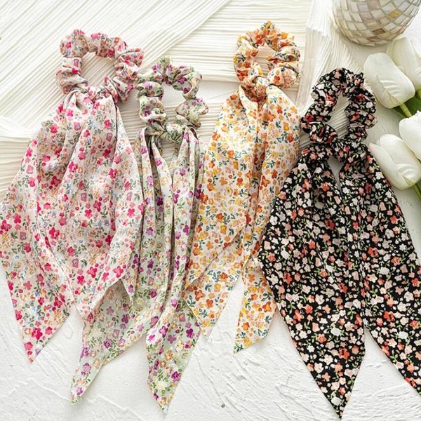 

korean bow long hair scrunchie polyester floral print sweet elastic hairband ponytail hair scarf tie hair accessories, Pink