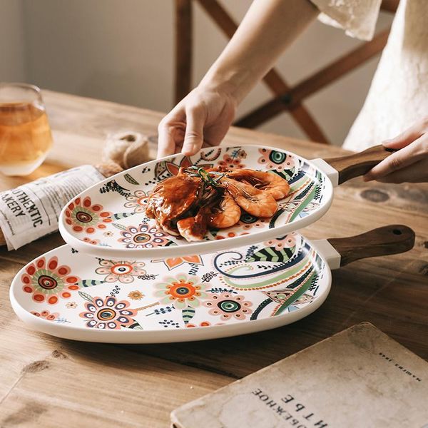 

dishes & plates nordic ceramic plate set steak salad fruit tray with wooden handle oval tableware kitchen utensils home decor