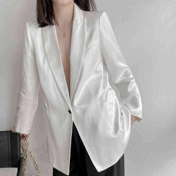 

women's suits & blazers [eam] women white silky single button blazer lapel long sleeve loose fit jacket fashion spring autumn 2022 1dd7, White;black