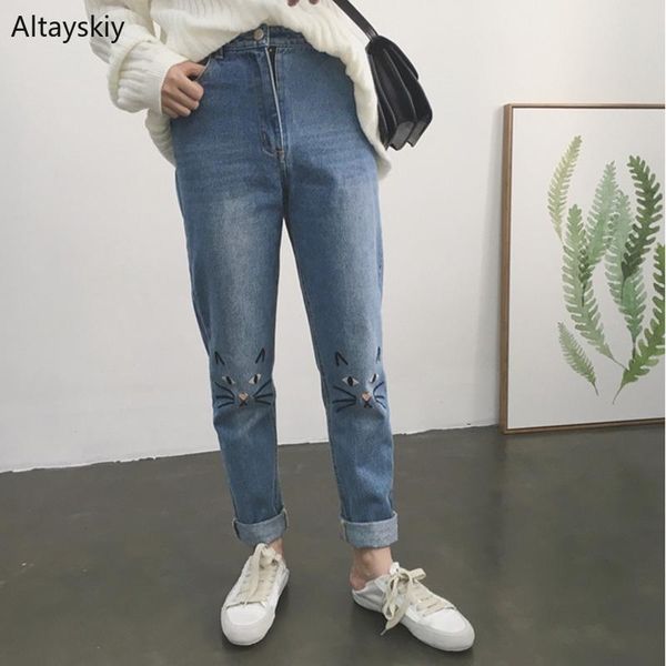 

women's jeans women cat printed kawaii simple korean style zipper breathable soft trendy leisure pockets jean womens lovely chic, Blue