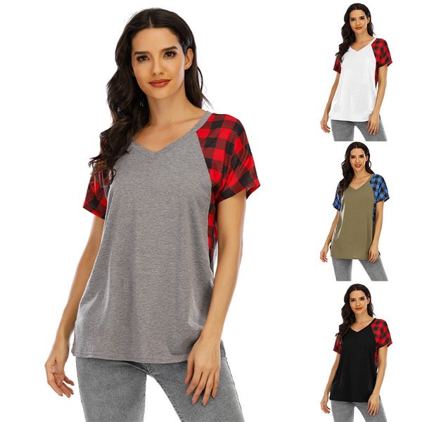 

2021 spring and summer new women's v-neck plaid short sleeve color matching loose t-shirt for women, White