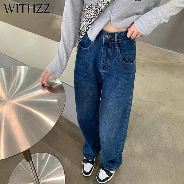 

women's jeans withzz spring autumn women straight pants pocket embroidered blue denim casual high waist female