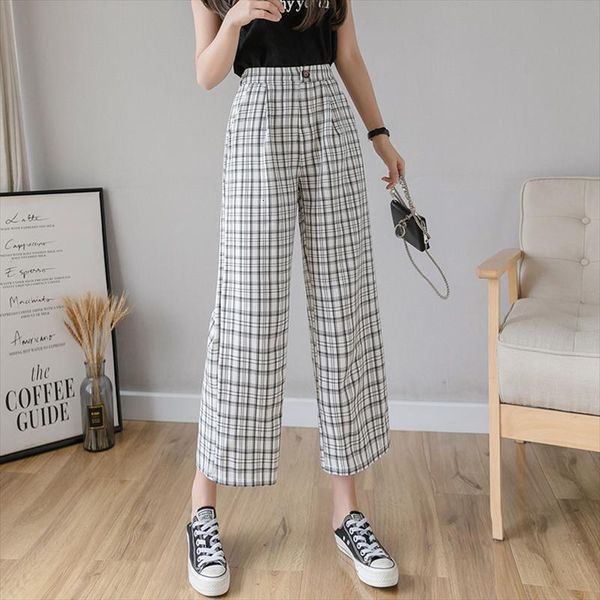

summer spring trousers vintage women capri plaid print casual fashion korean streetwear loose high waist wide leg, Black;white
