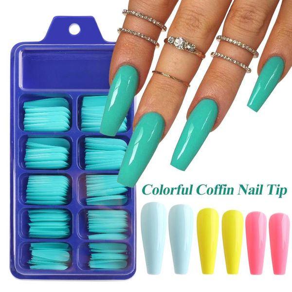 

false nails 100pcs/box nail tips coffin shape colorful long full tip polish gel finished artificial fingernails sticker ji1895, Red;gold