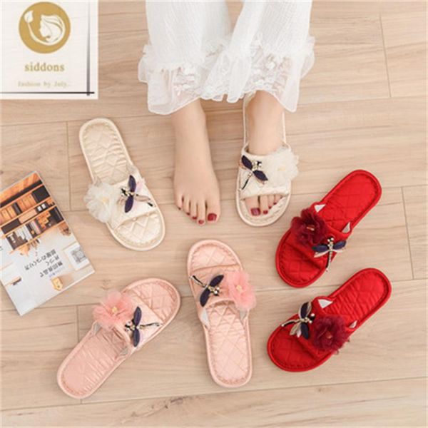 

slippers women's indoor home red festive dragonfly flowers linen floor mute, Black
