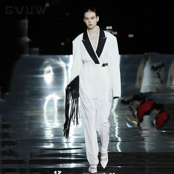 

women's two piece pants gvuw suit 2021 autumn show thirteen line color contrast design sense jacket + straight two-piece set kb9670, White