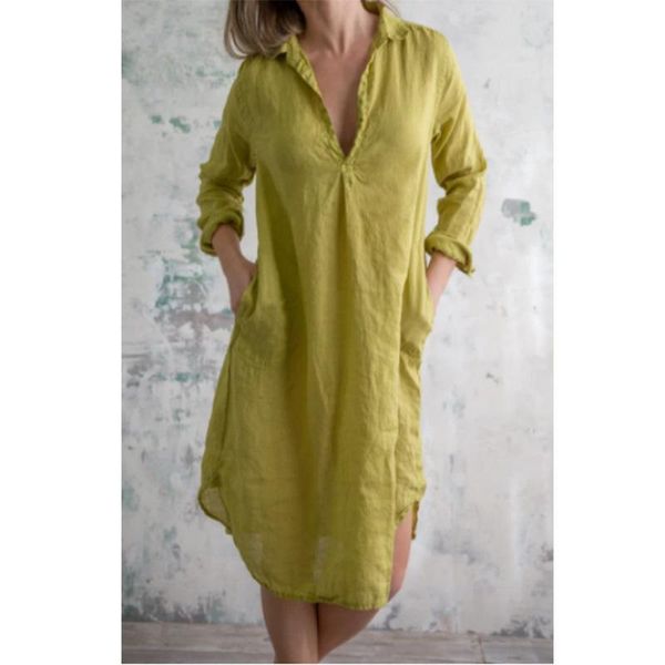 

casual dresses 2021 pure color cotton and linen simple v-neck women's dress, Black;gray
