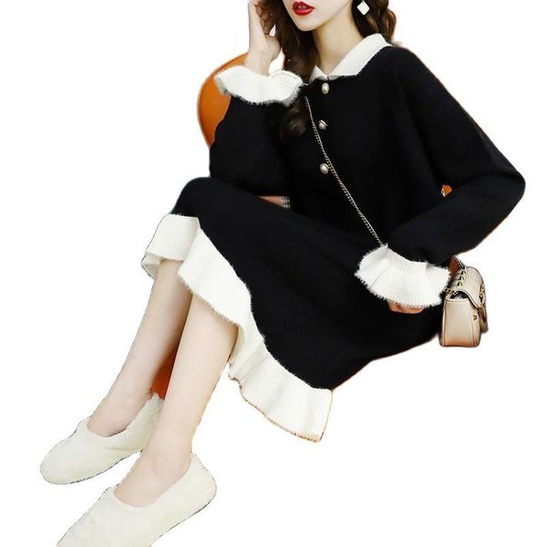 

women's sweaters knitted dress fashion winter clothes women 2021 mid-length bottoming ruffle loose sweater tyjtjy, White;black
