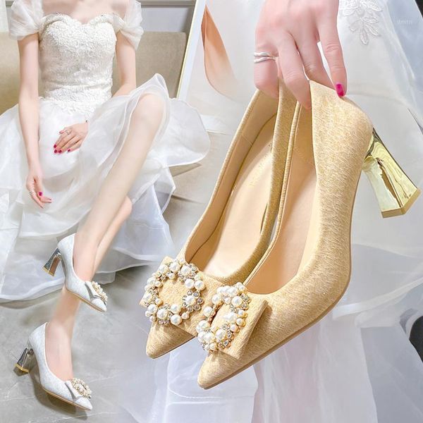 

dress shoes luxury pearl buckle high-heel women pumps 2021 brand design chunky heel party single elegant fashion high heels 7cm, Black