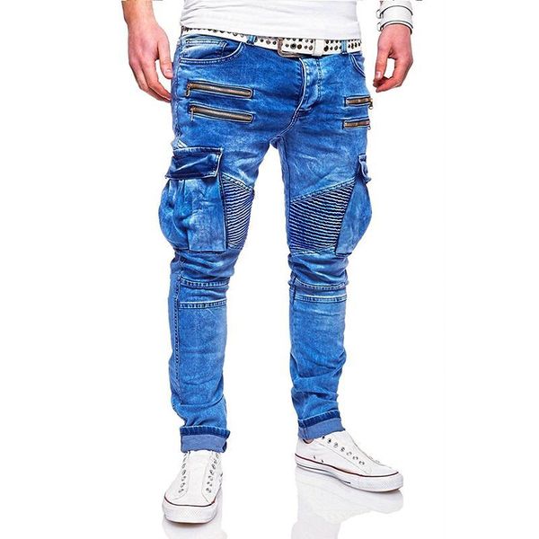 

men's jeans mens biker street style casual zipper multi pocket denim pants knee ruched skinny slim fit trousers for man lacu, Blue