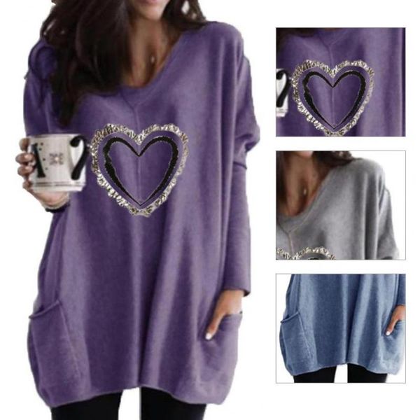 

women's blouses & shirts lady t-shirts heart print all match comfy long sleeves pullover straight solid color casual tee autumn outwea, White