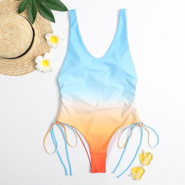 

one-piece suits summer women's print lace up gradient low neck swimsuit tight backless youth beach