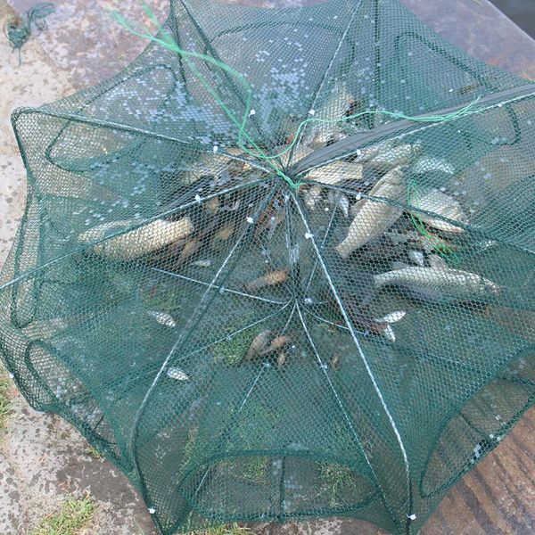 fishing accessories folded hexagon octagon 6/8/12 holes shrimp automatic trap net fish minnow crab baits cast mesh 2021