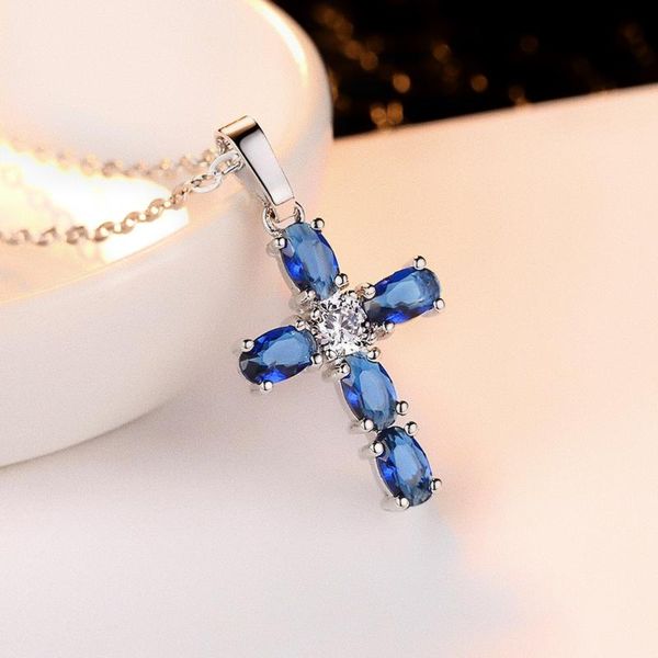 

pendant necklaces caoshi gorgeous blue oval cubic zirconia cross necklace for women valentine's day gift girlfriend charming jewelry, Silver