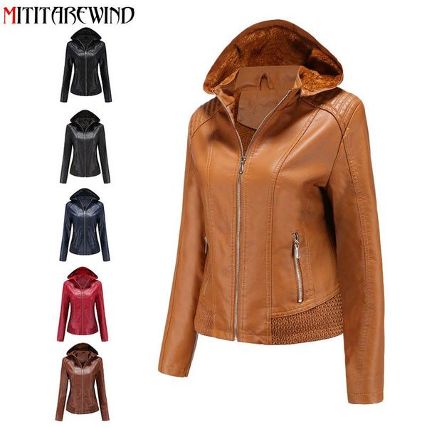 

women's leather & faux 2021 winter jacket women thick warm fleece coat female pu bike hooded size xs, Black