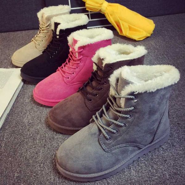 

2021 women winter snow boots warm flat plus size platform lace up ladies women's shoes new flock fur suede ankle boots female y1018, Black