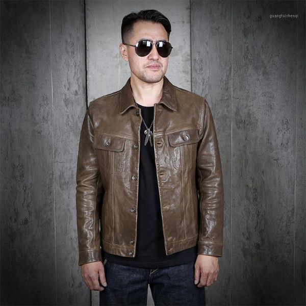 

men's leather & faux 2021 vintage brown american casual style genuine jacket men single breasted plus size 4xl real cowhide spring slim, Black