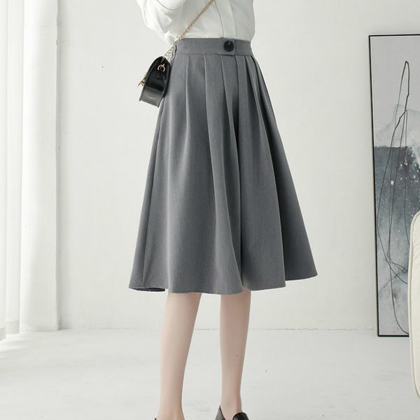 

Skirts skirts Japanese Style High-waisted Preppy Midi Pleated Skirt Vintage Solid Black/Gray Button Zipper A-line Knee Length S WW78