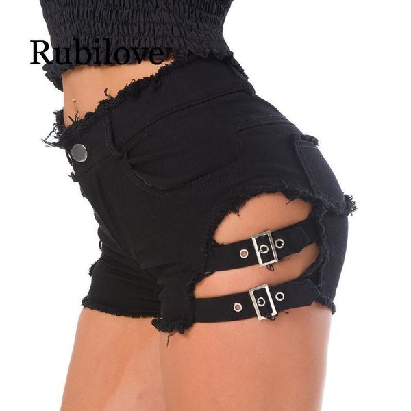 

rubilove summer denim shorts women hollow out bandage punk rock high waist women's, White;black