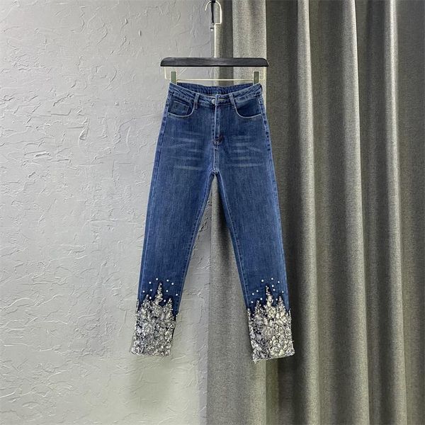

women's jeans for women 2021 autumn korean style straight ankle-length pants beading sequins girls lady elastic denim, Blue
