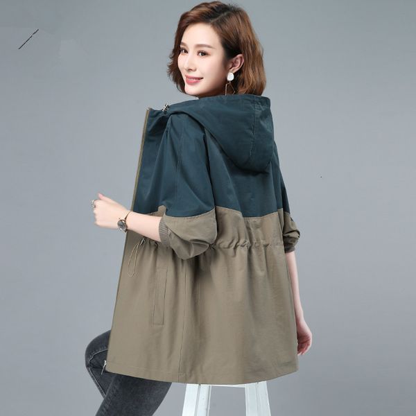 

women's jackets spring autumn plus size hooded women color matching jacket casual long sleeve mid-length windbreaker ladies outerw, Black;brown