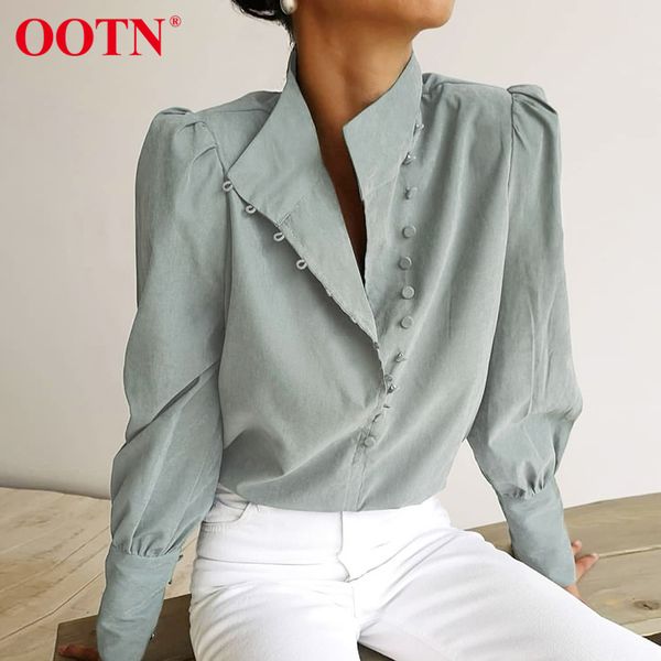 

ootn elegant turtleneck blouse long sleeve white shirt office ladies casual solid single-breasted puff sleeve womens blouses