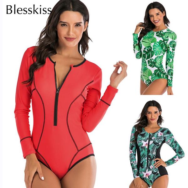 

one-piece suits blesskiss surfing swimming suit for women swimsuit 2021 sport one piece swimwear long sleeve zipper tankini bathing