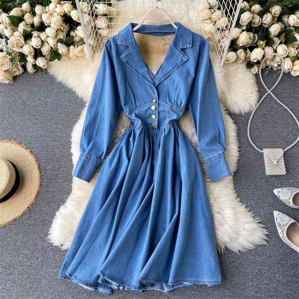 

spring autumn vintage long sleeve denim dress women elegant v neck button up high waist backless slim a line midi vestidos 210603, Black;gray