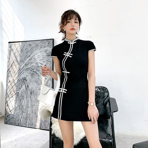 

luxury casual dresses summer women's wear girl's improved cheongsam drs two-piece shorts set, Black;gray