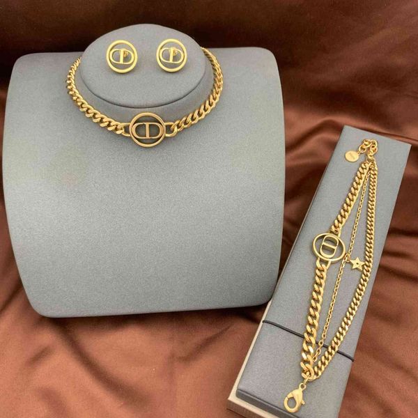 

design jewelry letter necklace women's neck chain ancient copper bracelet multi-layer sense earrings court style hip hop 2021 new, Golden;silver