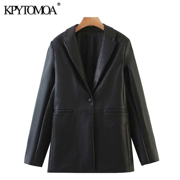 KPytomoa mulheres moda falso couro único botão blazers casaco vintage manga comprida bolsos feminino outerwear chique tops 210930