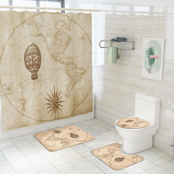 

shower curtains european map pattern fabric curtain air balloon compass bathroom non-slip rugs toilet lid cover and bath mat
