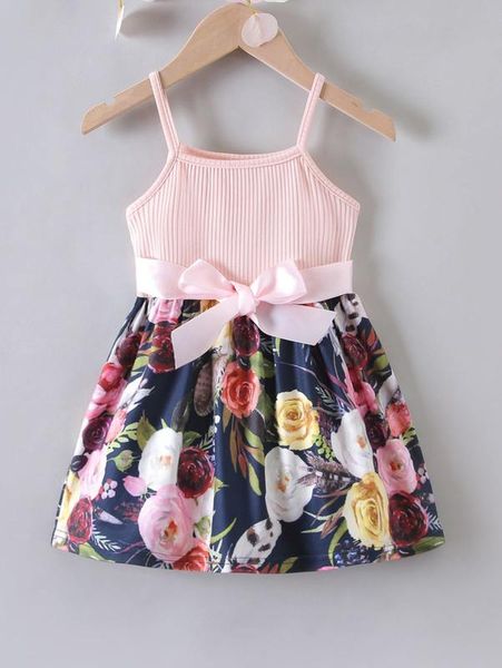 

toddler girls floral print belted cami dress she01, Red;yellow